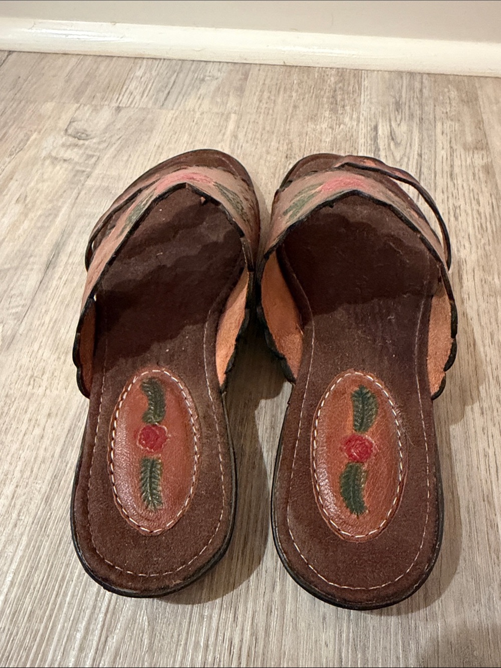 Brown Leather Floral Slide Sandals with Red Rose Detail - Picture 7 of 12